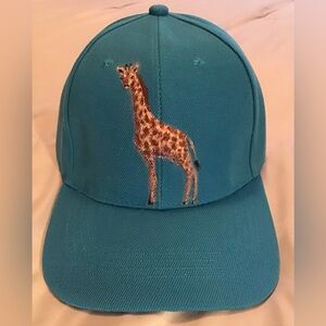 Hand-Painted Giraffe on Teal Baseball Cap